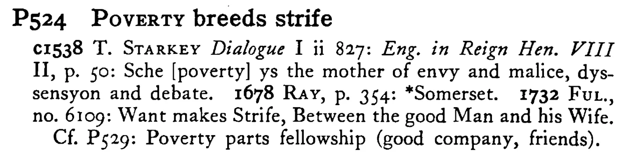 POVERTY breeds strife - a scanned entry from Tilley's 1950 Dictionary of Proverbs.