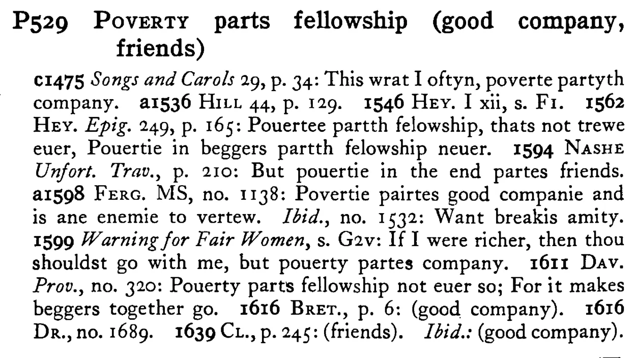 POVERTY parts fellowship (good company, friends) - a scanned entry from Tilley's 1950 Dictionary of Proverbs.