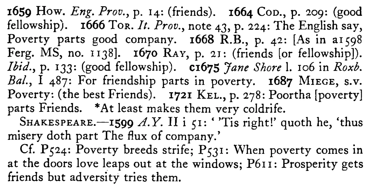 POVERTY parts fellowship (good company, friends) - a scanned entry from Tilley's 1950 Dictionary of Proverbs. (continuation)