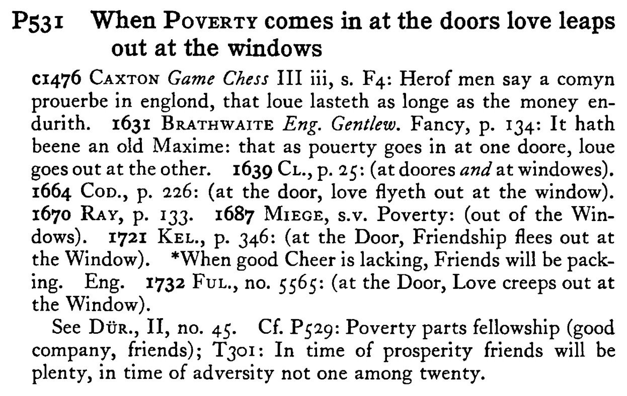 When POVERTY comes in at the doors love leaps out at the windows - a scanned entry from Tilley's 1950 Dictionary of Proverbs.