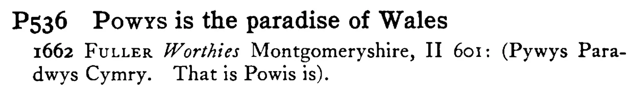POWYS is the paradise of Wales - a scanned entry from Tilley's 1950 Dictionary of Proverbs.