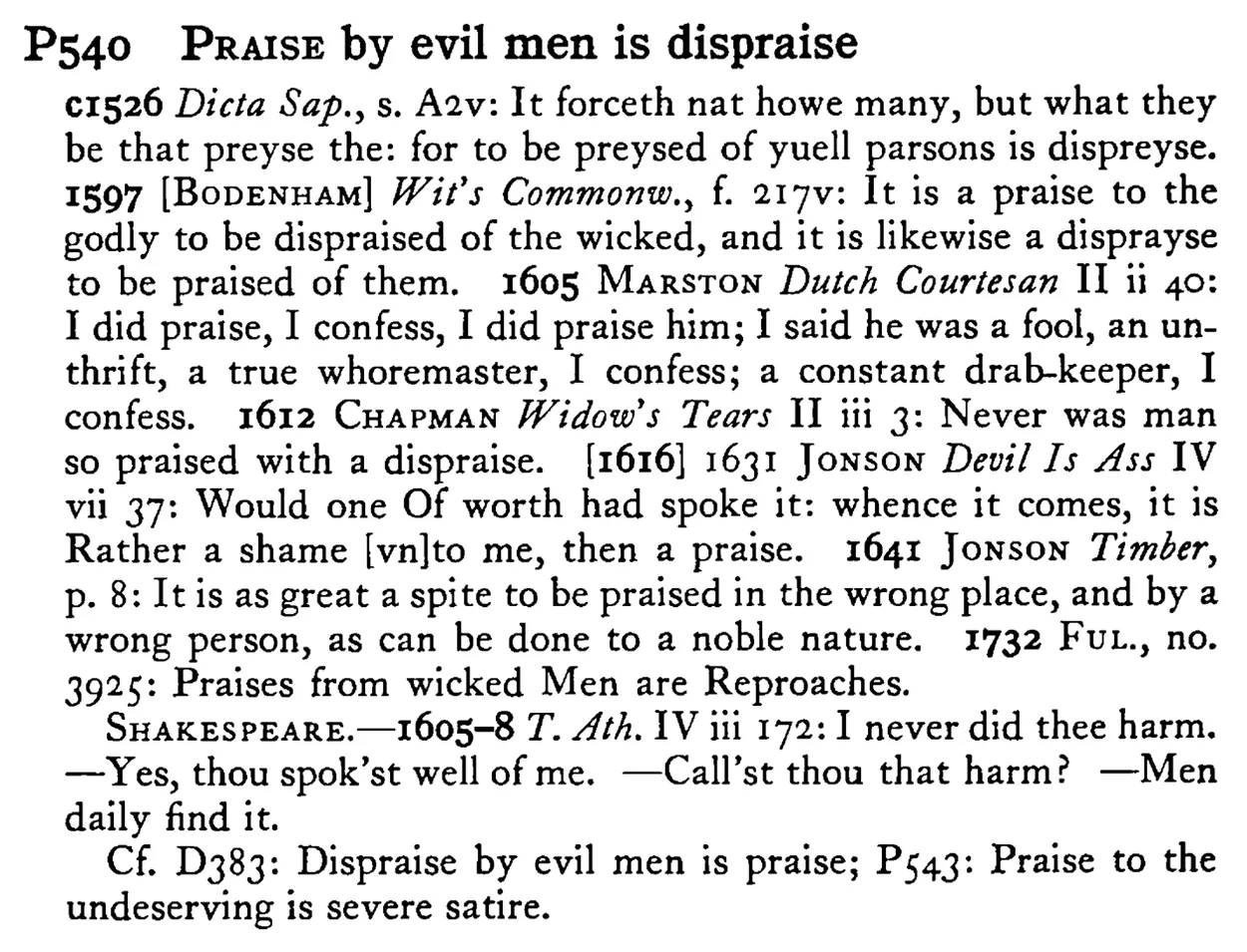 PRAISE by evil men is dispraise - a scanned entry from Tilley's 1950 Dictionary of Proverbs.