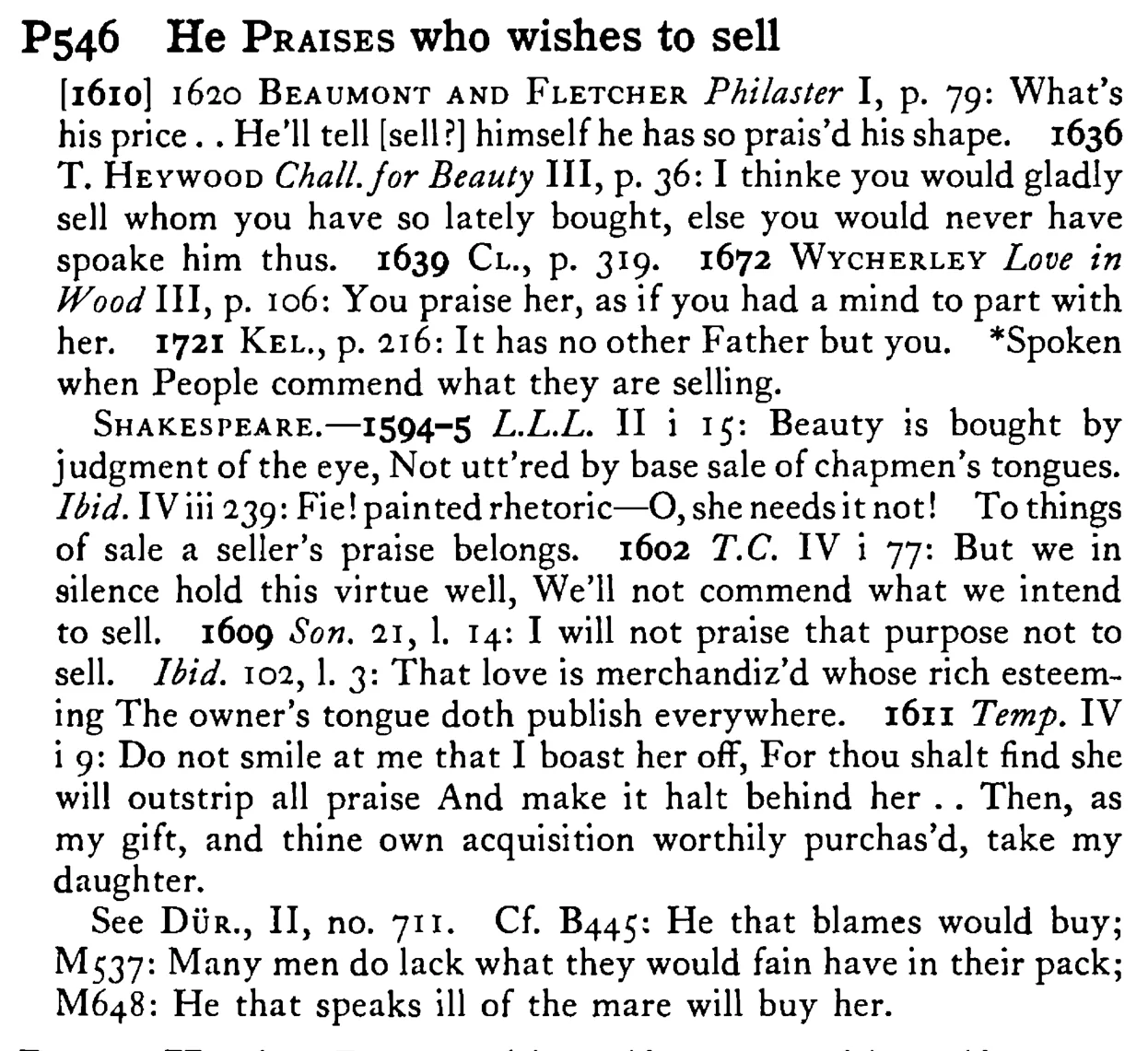 He PRAISES who wishes to sell - a scanned entry from Tilley's 1950 Dictionary of Proverbs.