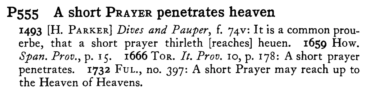 A short PRAYER penetrates heaven - a scanned entry from Tilley's 1950 Dictionary of Proverbs.