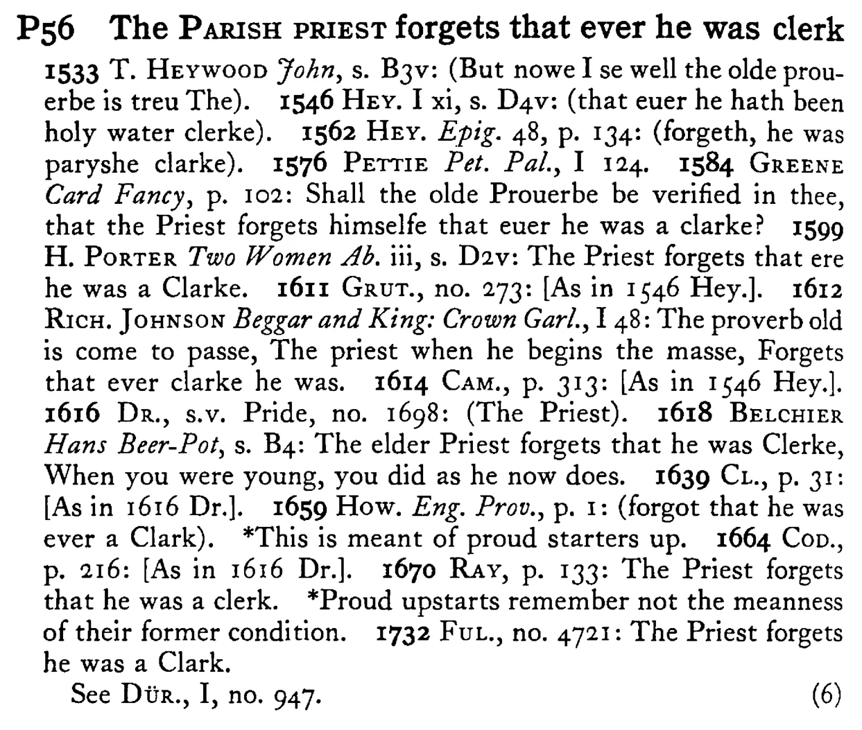 The PARISH PRIEST forgets that ever he was clerk - a scanned entry from Tilley's 1950 Dictionary of Proverbs.