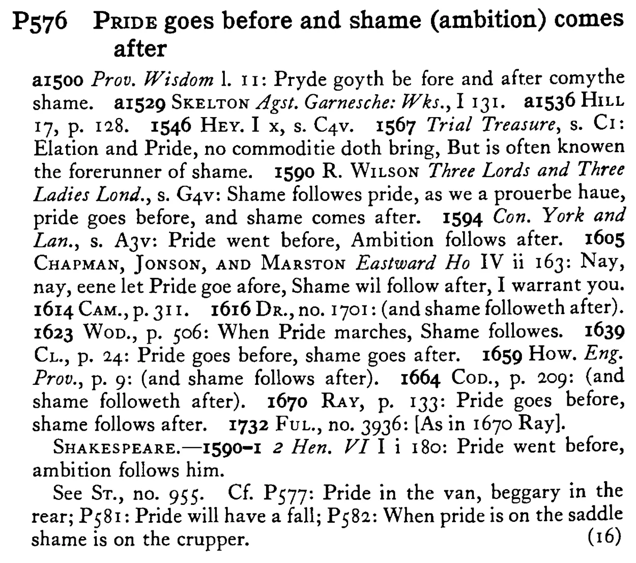 PRIDE goes before and shame (ambition) comes after - a scanned entry from Tilley's 1950 Dictionary of Proverbs.