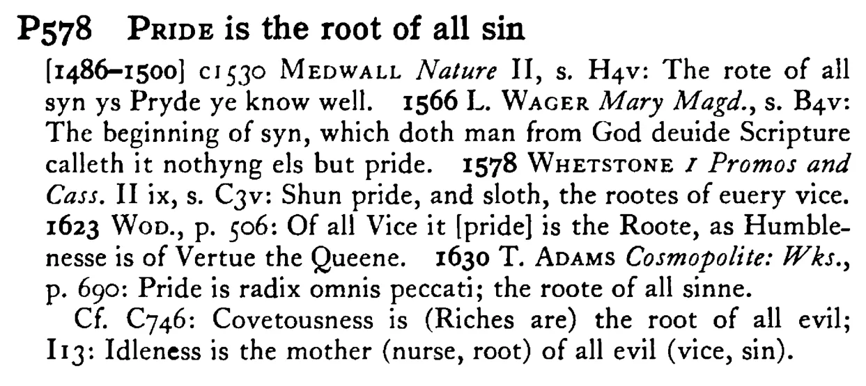 PRIDE is the root of all sin - a scanned entry from Tilley's 1950 Dictionary of Proverbs.