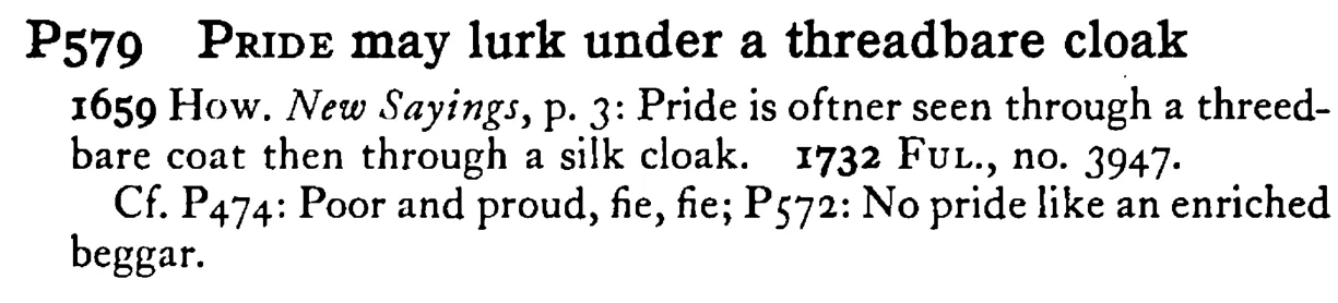 PRIDE may lurk under a threadbare cloak - a scanned entry from Tilley's 1950 Dictionary of Proverbs.