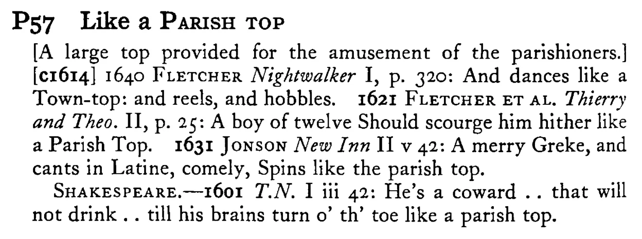 Like a PARISH TOP - a scanned entry from Tilley's 1950 Dictionary of Proverbs.