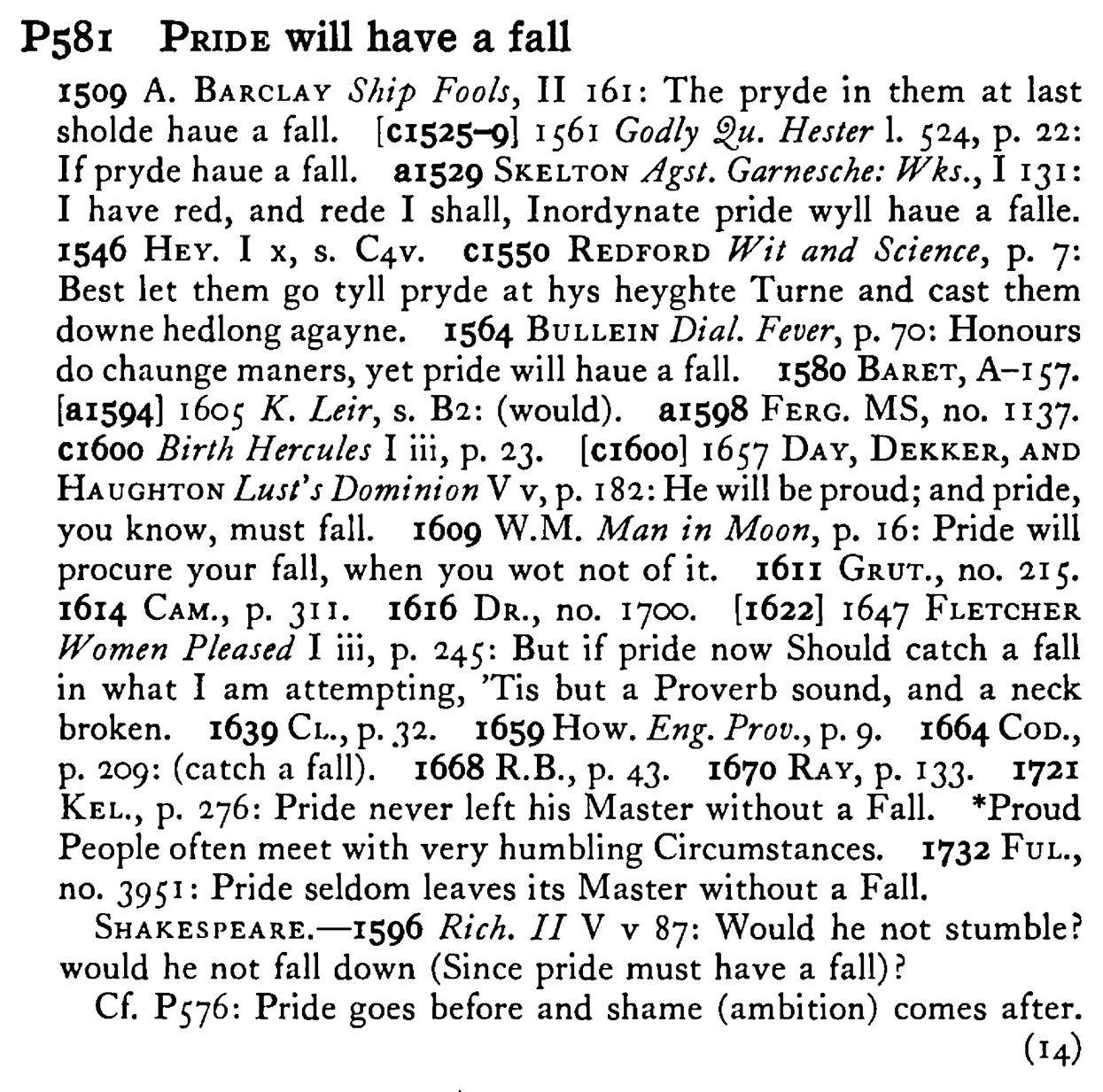 PRIDE will have a fall - a scanned entry from Tilley's 1950 Dictionary of Proverbs.