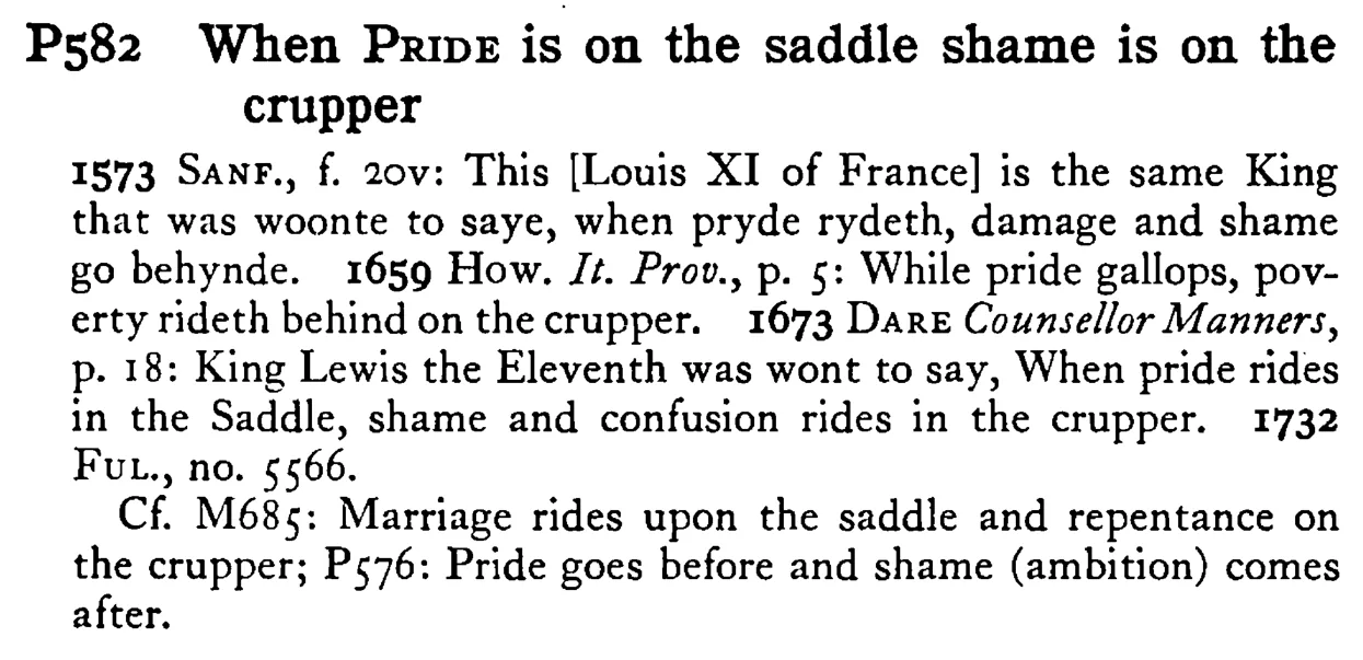 When PRIDE is on the saddle shame is on the crupper - a scanned entry from Tilley's 1950 Dictionary of Proverbs.