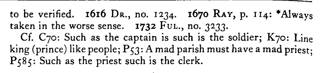 Like PRIEST like people - a scanned entry from Tilley's 1950 Dictionary of Proverbs. (continuation)
