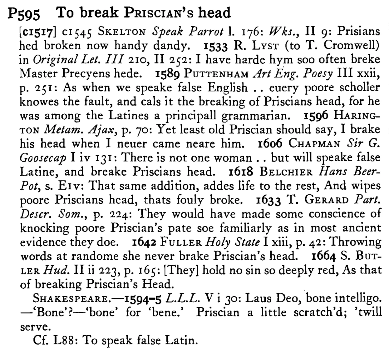 To break PRISCIAN's head - a scanned entry from Tilley's 1950 Dictionary of Proverbs.