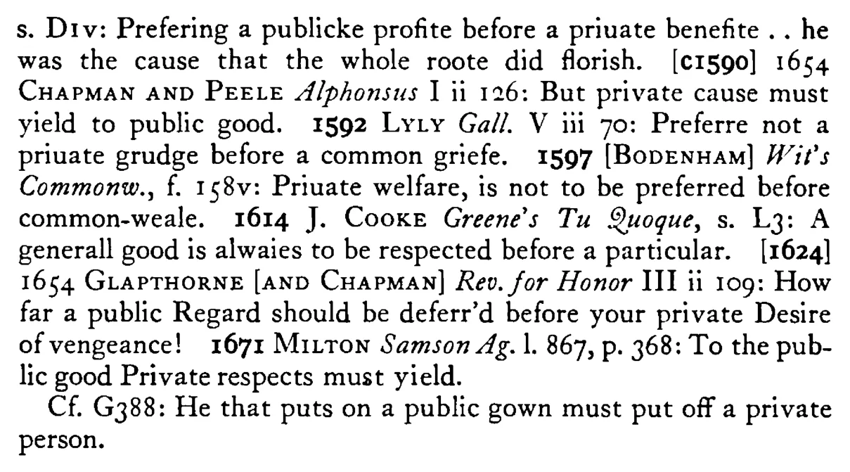 The PROFIT of the commonwealth should be preferred to a private pleasure - a scanned entry from Tilley's 1950 Dictionary of Proverbs. (continuation)