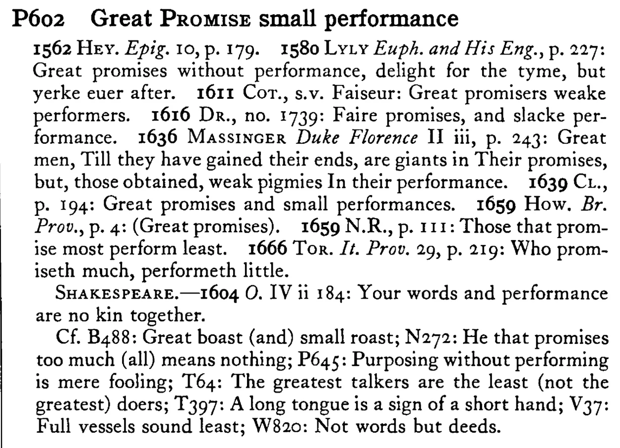 Great PROMISE small performance - a scanned entry from Tilley's 1950 Dictionary of Proverbs.