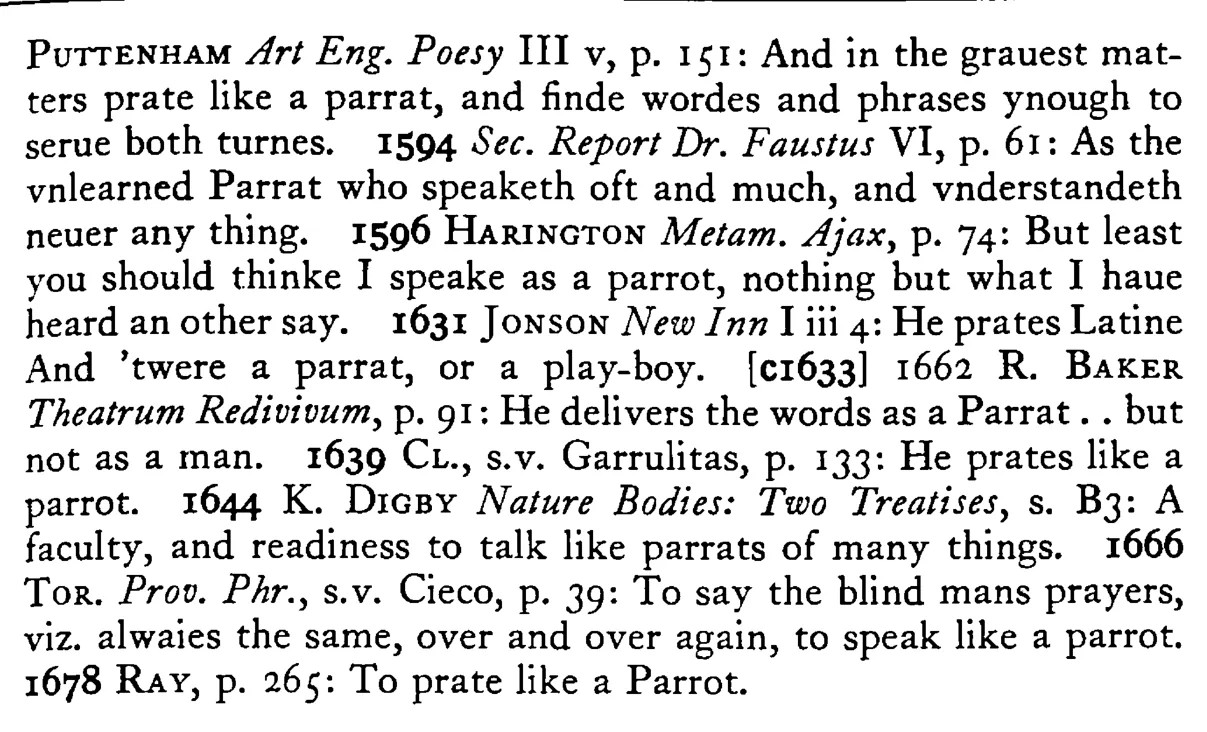 To speak (prate) like a PARROT - a scanned entry from Tilley's 1950 Dictionary of Proverbs. (continuation)