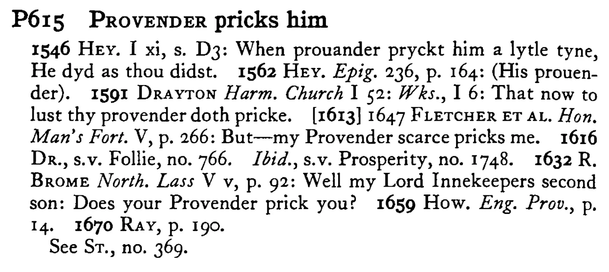 PROVENDER pricks him - a scanned entry from Tilley's 1950 Dictionary of Proverbs.