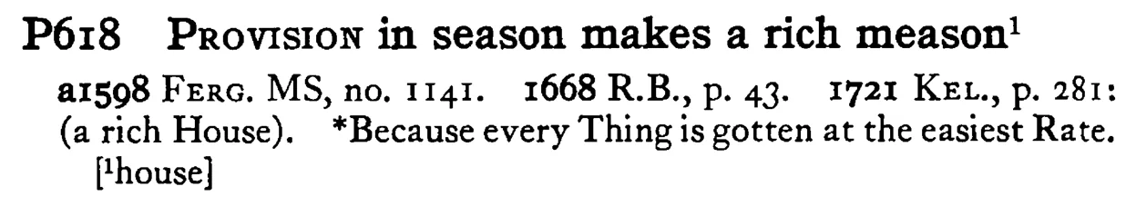 PROVISION in season makes a rich meason - a scanned entry from Tilley's 1950 Dictionary of Proverbs.