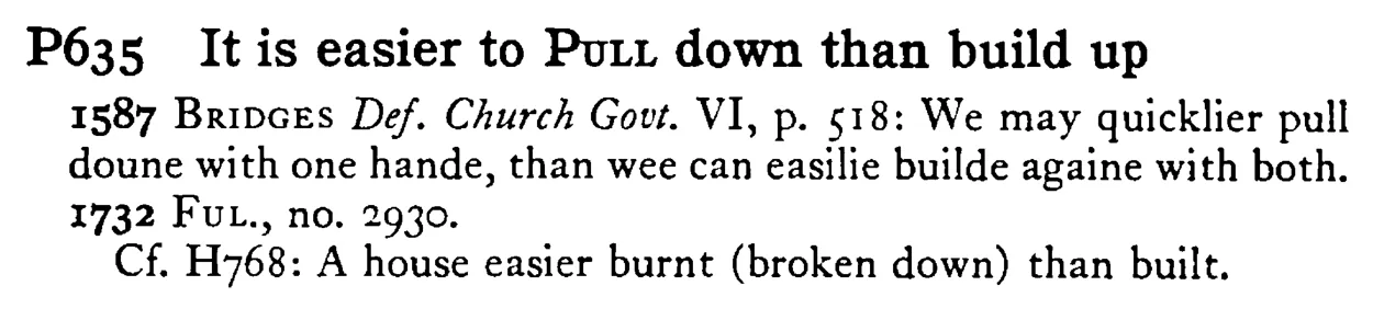 It is easier to PULL down than build up - a scanned entry from Tilley's 1950 Dictionary of Proverbs.