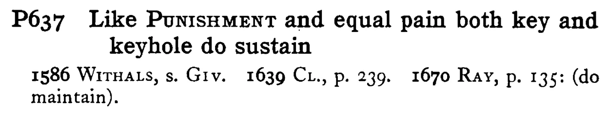 Like PUNISHMENT and equal pain both key and keyhole do sustain - a scanned entry from Tilley's 1950 Dictionary of Proverbs.
