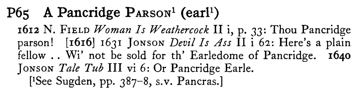A Pancridge PARSON¹ (earl¹) - a scanned entry from Tilley's 1950 Dictionary of Proverbs.