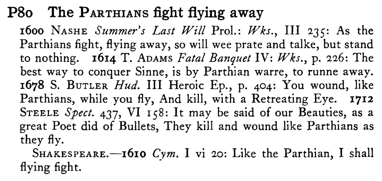 The PARTHIANS fight flying away - a scanned entry from Tilley's 1950 Dictionary of Proverbs.