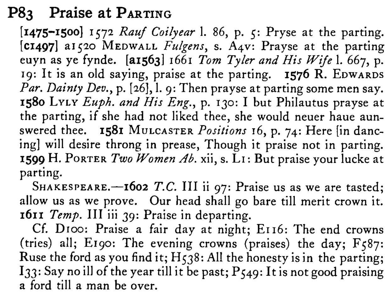 Praise at PARTING - a scanned entry from Tilley's 1950 Dictionary of Proverbs.