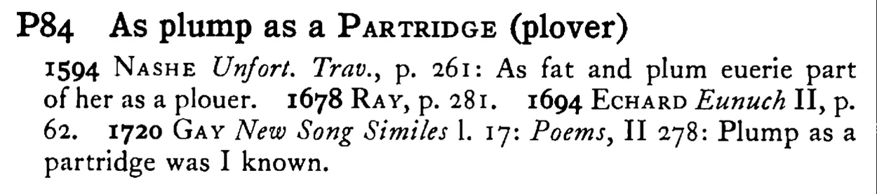 As plump as a PARTRIDGE (plover) - a scanned entry from Tilley's 1950 Dictionary of Proverbs.
