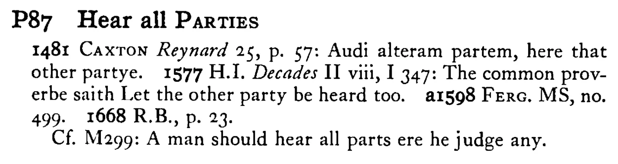 Hear all PARTIES - a scanned entry from Tilley's 1950 Dictionary of Proverbs.