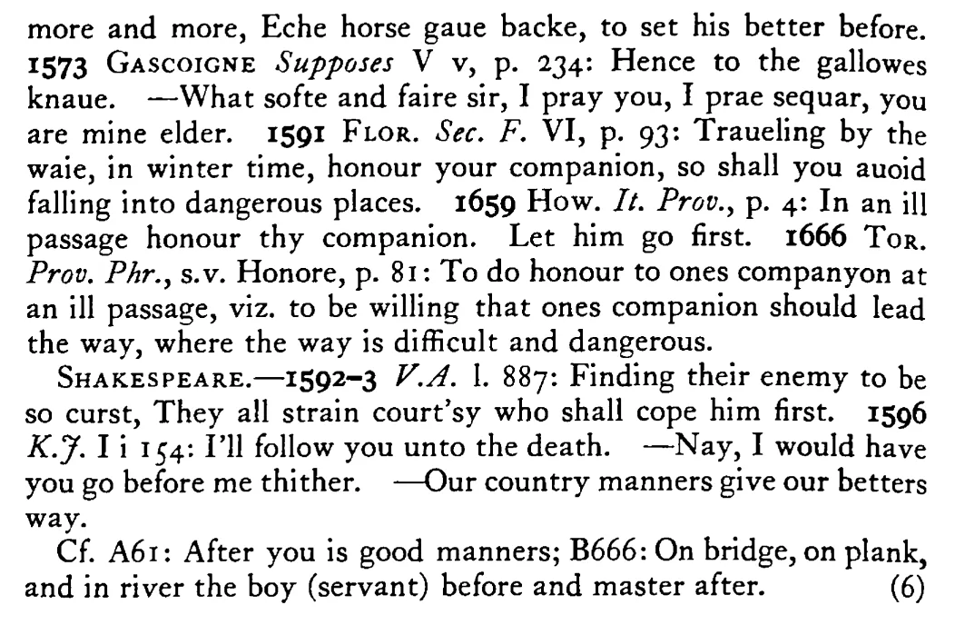 At an ill PASSAGE honor thy companion - a scanned entry from Tilley's 1950 Dictionary of Proverbs. (continuation)