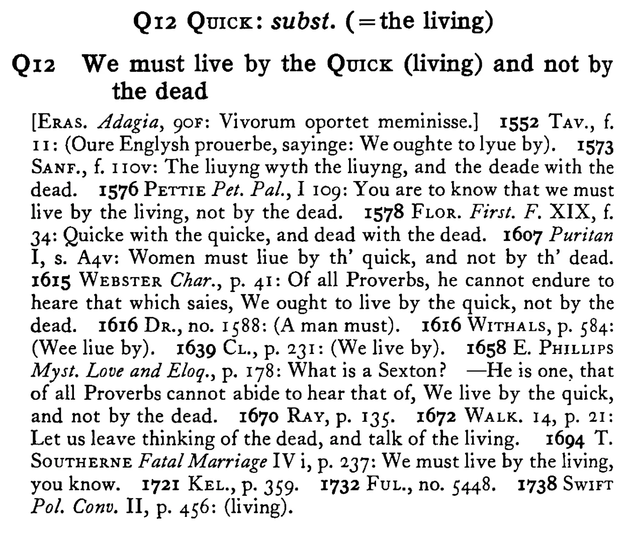 We must live by the QUICK (living) and not by the dead - a scanned entry from Tilley's 1950 Dictionary of Proverbs.