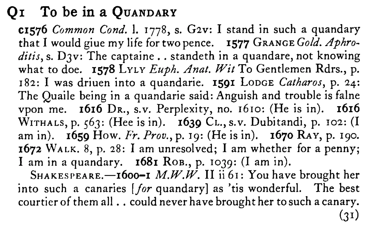 To be in a QUANDARY - a scanned entry from Tilley's 1950 Dictionary of Proverbs.