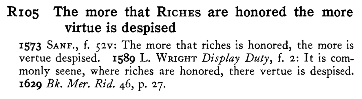 The more that RICHES are honored the more virtue is despised - a scanned entry from Tilley's 1950 Dictionary of Proverbs.
