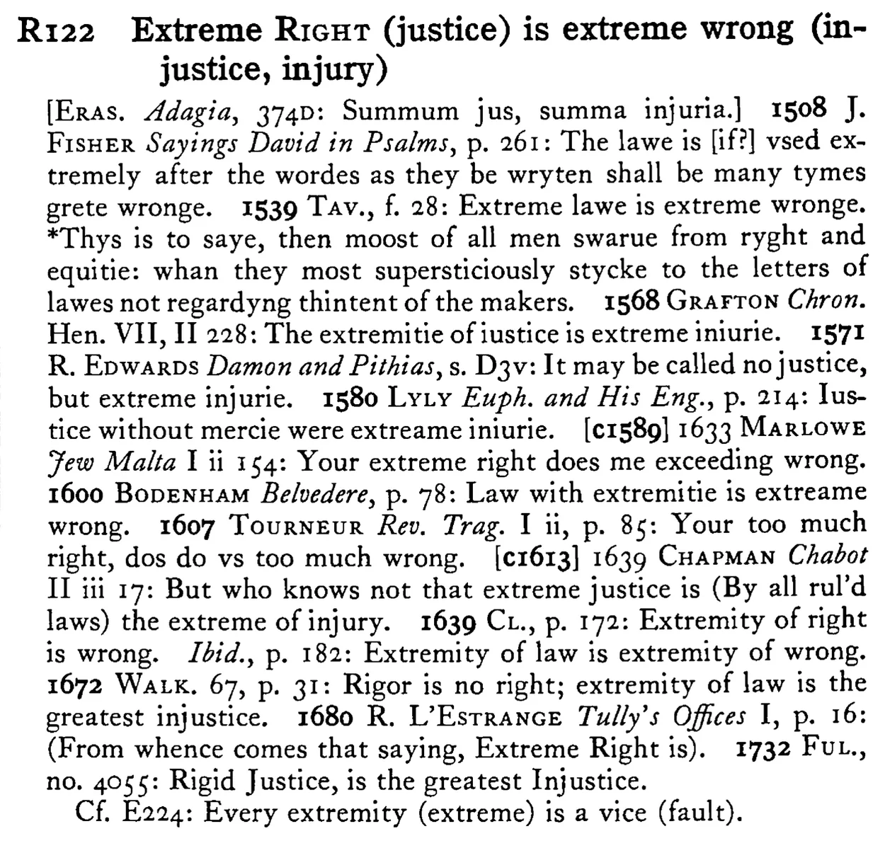 Extreme RIGHT (justice) is extreme wrong (injustice, injury) - a scanned entry from Tilley's 1950 Dictionary of Proverbs.