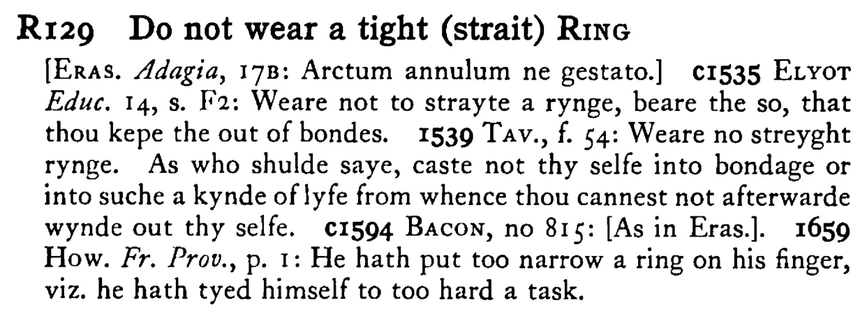 Do not wear a tight (strait) RING - a scanned entry from Tilley's 1950 Dictionary of Proverbs.