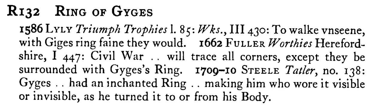 RING OF GYGES - a scanned entry from Tilley's 1950 Dictionary of Proverbs.