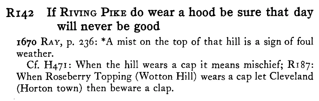 If RIVING PIKE do wear a hood be sure that day will never be good - a scanned entry from Tilley's 1950 Dictionary of Proverbs.