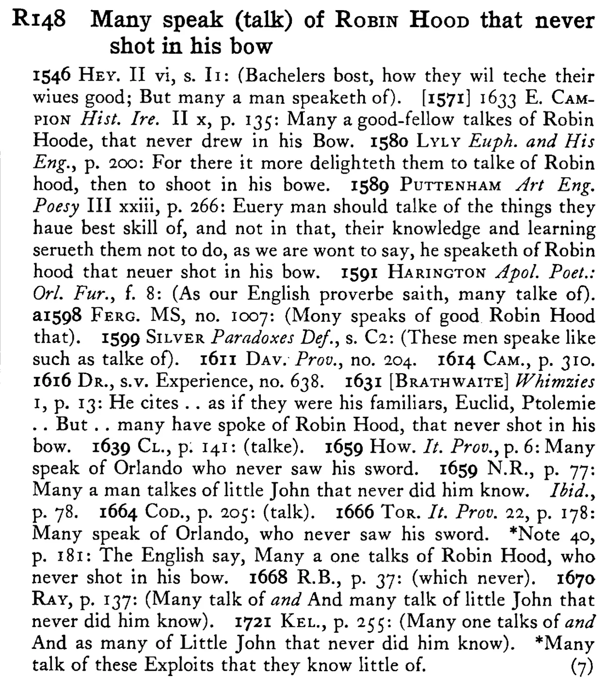 Many speak (talk) of ROBIN HOOD that never shot in his bow - a scanned entry from Tilley's 1950 Dictionary of Proverbs.