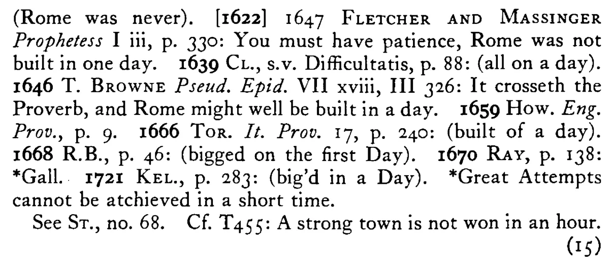 ROME was not built in one day - a scanned entry from Tilley's 1950 Dictionary of Proverbs. (continuation)