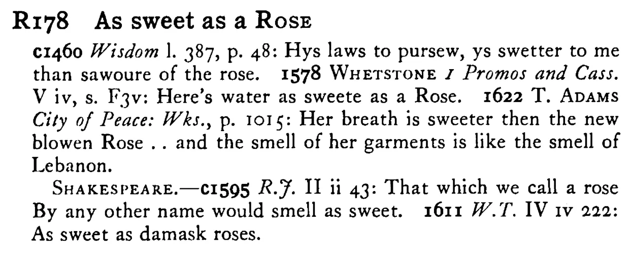 As sweet as a ROSE - a scanned entry from Tilley's 1950 Dictionary of Proverbs.