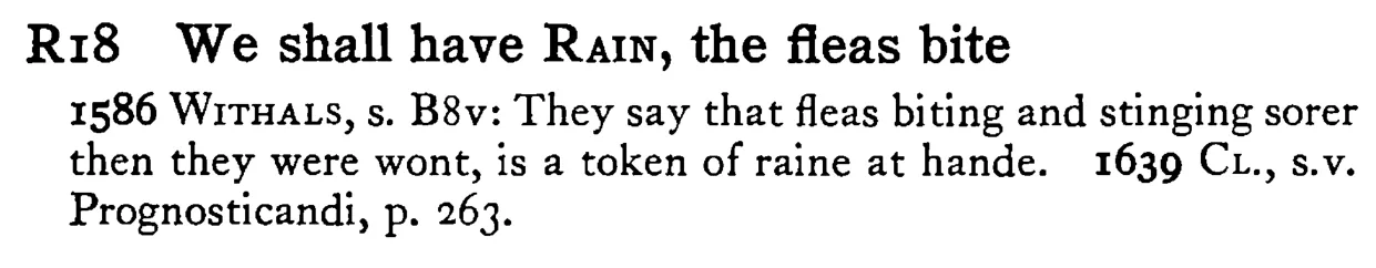 We shall have RAIN, the fleas bite - a scanned entry from Tilley's 1950 Dictionary of Proverbs.