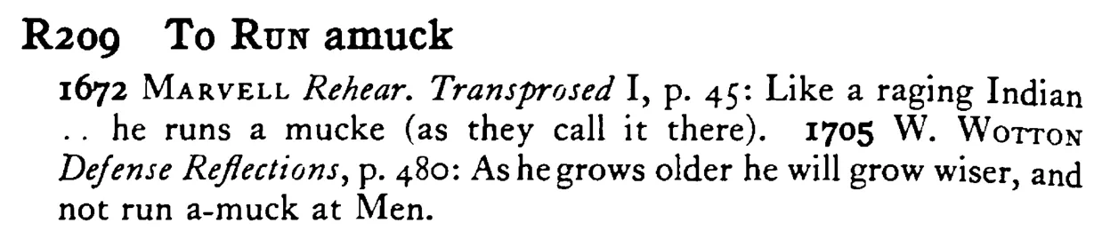 To RUN amuck - a scanned entry from Tilley's 1950 Dictionary of Proverbs.