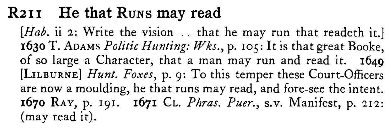 He that RUNS may read - a scanned entry from Tilley's 1950 Dictionary of Proverbs.