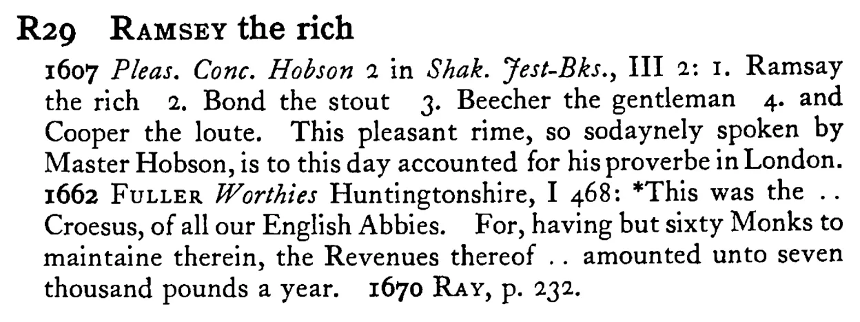 RAMSEY the rich - a scanned entry from Tilley's 1950 Dictionary of Proverbs.