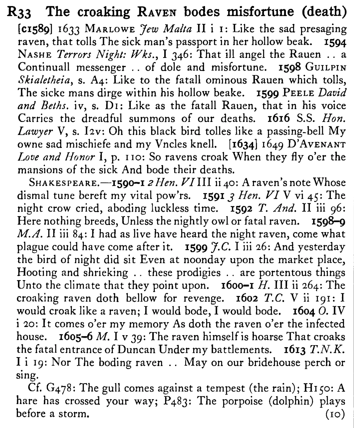 The croaking RAVEN bodes misfortune (death) - a scanned entry from Tilley's 1950 Dictionary of Proverbs.