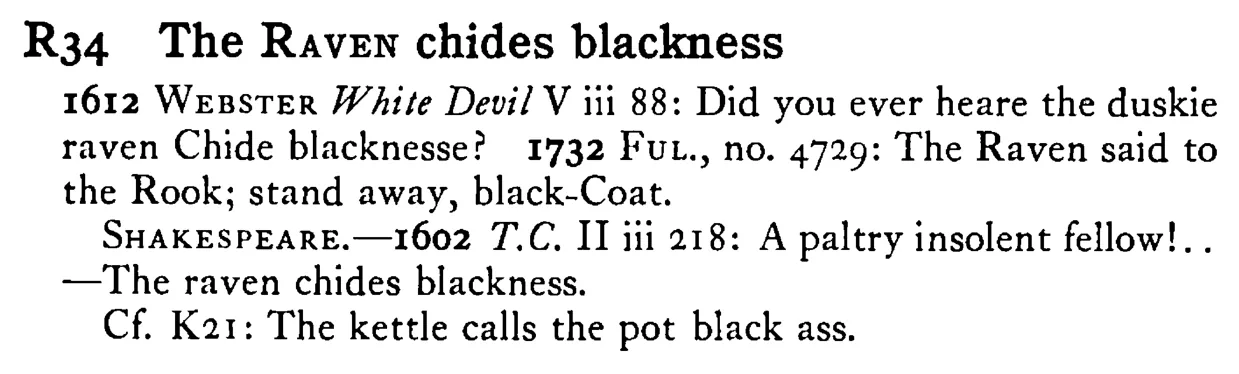 The RAVEN chides blackness - a scanned entry from Tilley's 1950 Dictionary of Proverbs.