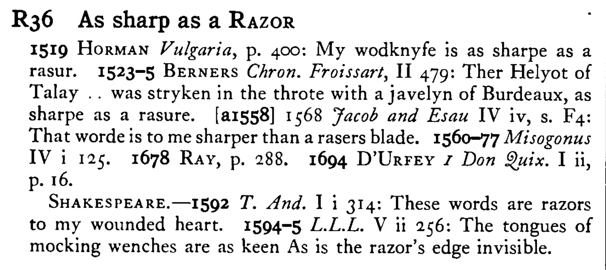 As sharp as a RAZOR - a scanned entry from Tilley's 1950 Dictionary of Proverbs.