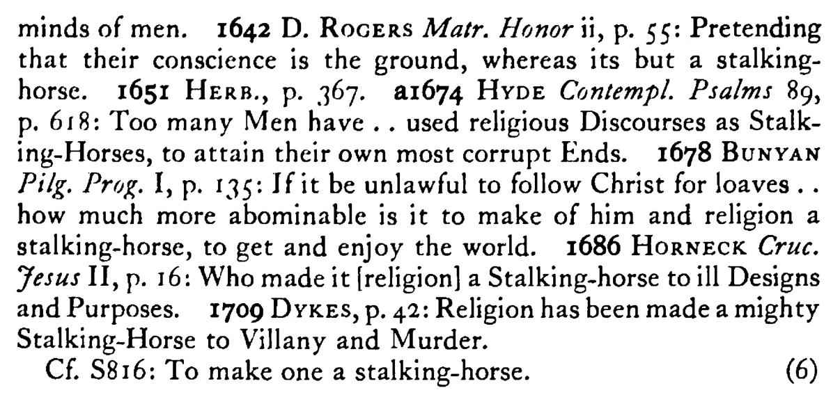 RELIGION a stalking-horse to shoot other fowl - a scanned entry from Tilley's 1950 Dictionary of Proverbs. (continuation)