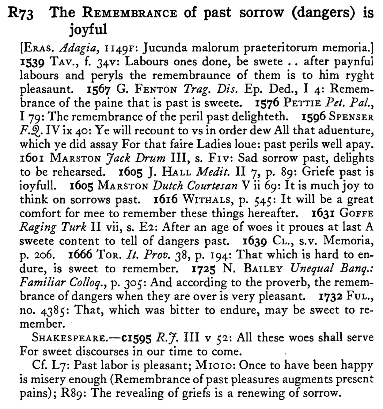 The REMEMBRANCE of past sorrow (dangers) is joyful - a scanned entry from Tilley's 1950 Dictionary of Proverbs.