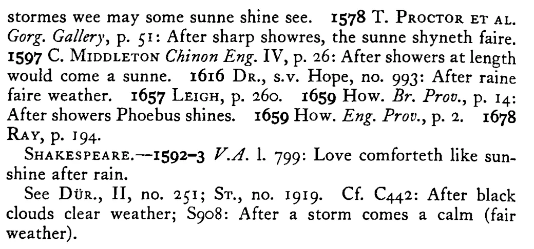After RAIN (showers) comes fair weather (the sun) - a scanned entry from Tilley's 1950 Dictionary of Proverbs. (continuation)